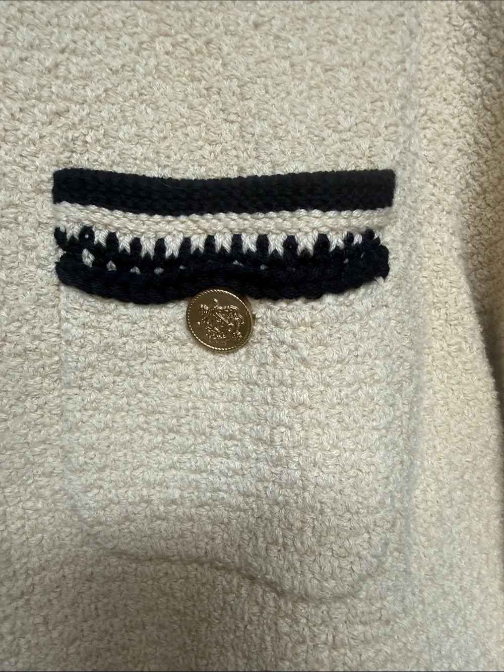 J. Crew Cream Bouclé Cardigan with Black Trim and Gold Buttons